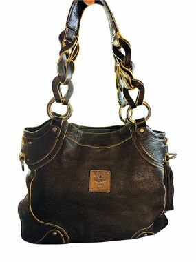 MCM Black Pebbled Leather Hobo Bag with Braided Straps & Yellow Lining